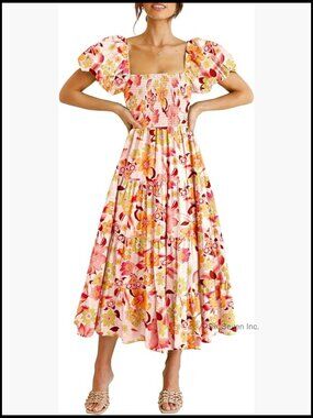 Women's Casual Summer Midi Dress Puffy Short Sleeve Square Neck Smocked Tiered